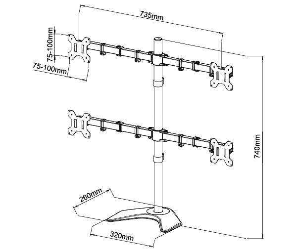 Quad Monitor Desk Stand Mount Full Motion Articulating Arm 4 LCD Computer Displays, Fits 17, 19, 20, 22, 23, 24, 27 Inch, Fits Vesa 75 100, Swivel, Rotate, Tilt, Black Hongkong EF004