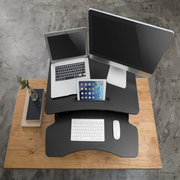 Instant Standing Desk Sit-Stand Desk Converter for Laptop, 1 or 2 Desktop, Stepless Any height lock Height Adjustable, Ergonomic, Gas Spring Arm, Free Standing, Easy Installation