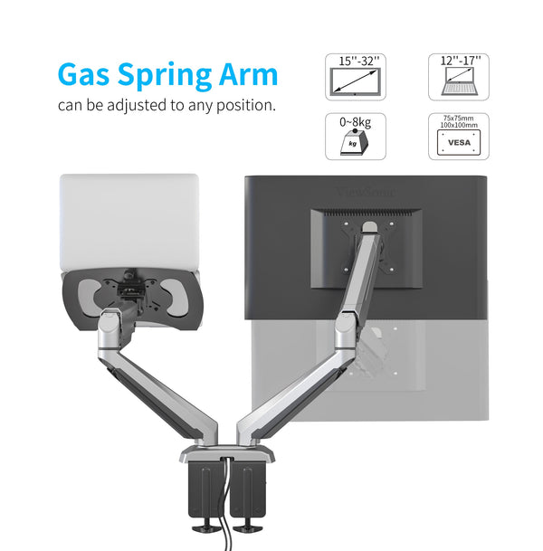 Desktop Dual LCD Fully Adjustable Gas Spring Computer Monitor and Laptop Desk Mount Combo Stand, Fits 13"-27" Screens and 12"-17" Laptops, weight up to 8kgs, Black (RCLMSB-V)