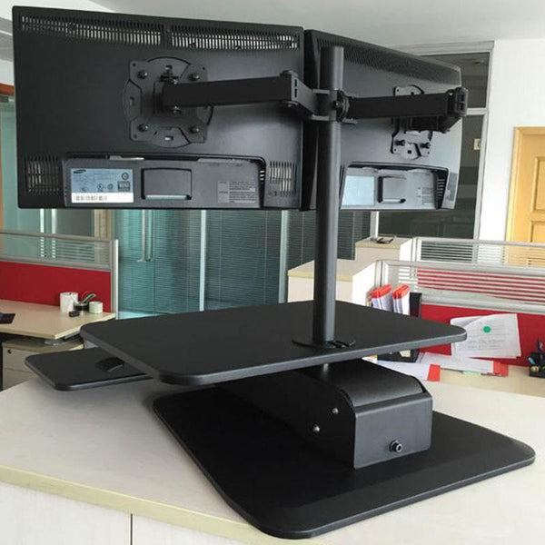 dual monitor sit stand workstation desk converter with two monitor arm