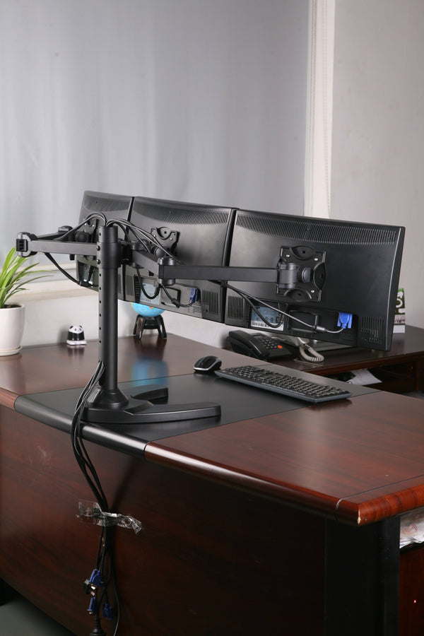 Triple Monitor Stand Freestanding LCD Computer Screen Desk Mount for 19, 20, 22, 23, 24 Inch Monitors VESA 75 and 100 Compatible Full Motion, 66 lbs Capacity (3 Horizontal Monitor)