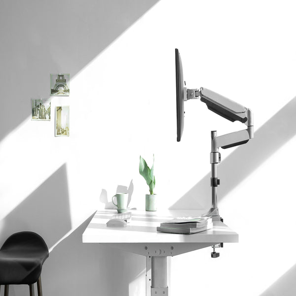 Monitor Arm Single LCD Monitor Desk Mount Stand with Gas Spring Fully Adjustable Fits 20 21 23 24 27 30 32 Screens Height Adjustable Tilt Swivel Rotate, Clamp and Grommet Base (MODEL LMS-GP)