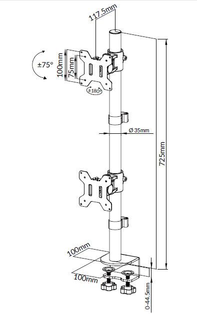 Dual Monitor Articulating Desk Mount Stand with Height Adjustment and Open VESA Plates for 2 LCD Screens up to 27 inches, Stacked Array - Black (2MSCTB-N)