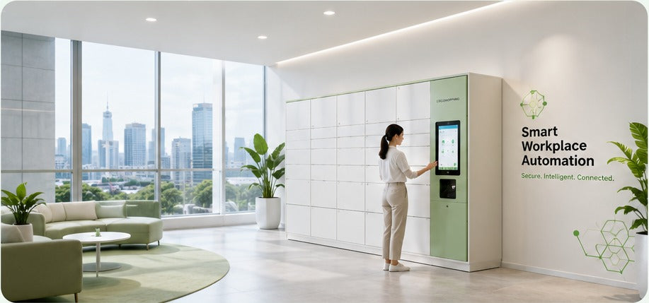 Workplace automation system with smart lockers in a modern office