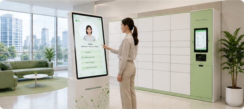 AI workplace support hub with self-service kiosk and smart lockers